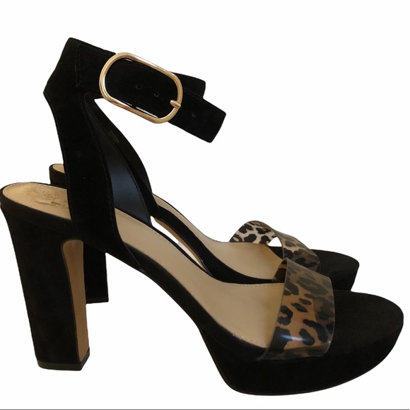 3X Host Pick! 🐆 NWOT Vince Camuto Black Suede Heeled Sandal Leopard - Picture 2 of 12